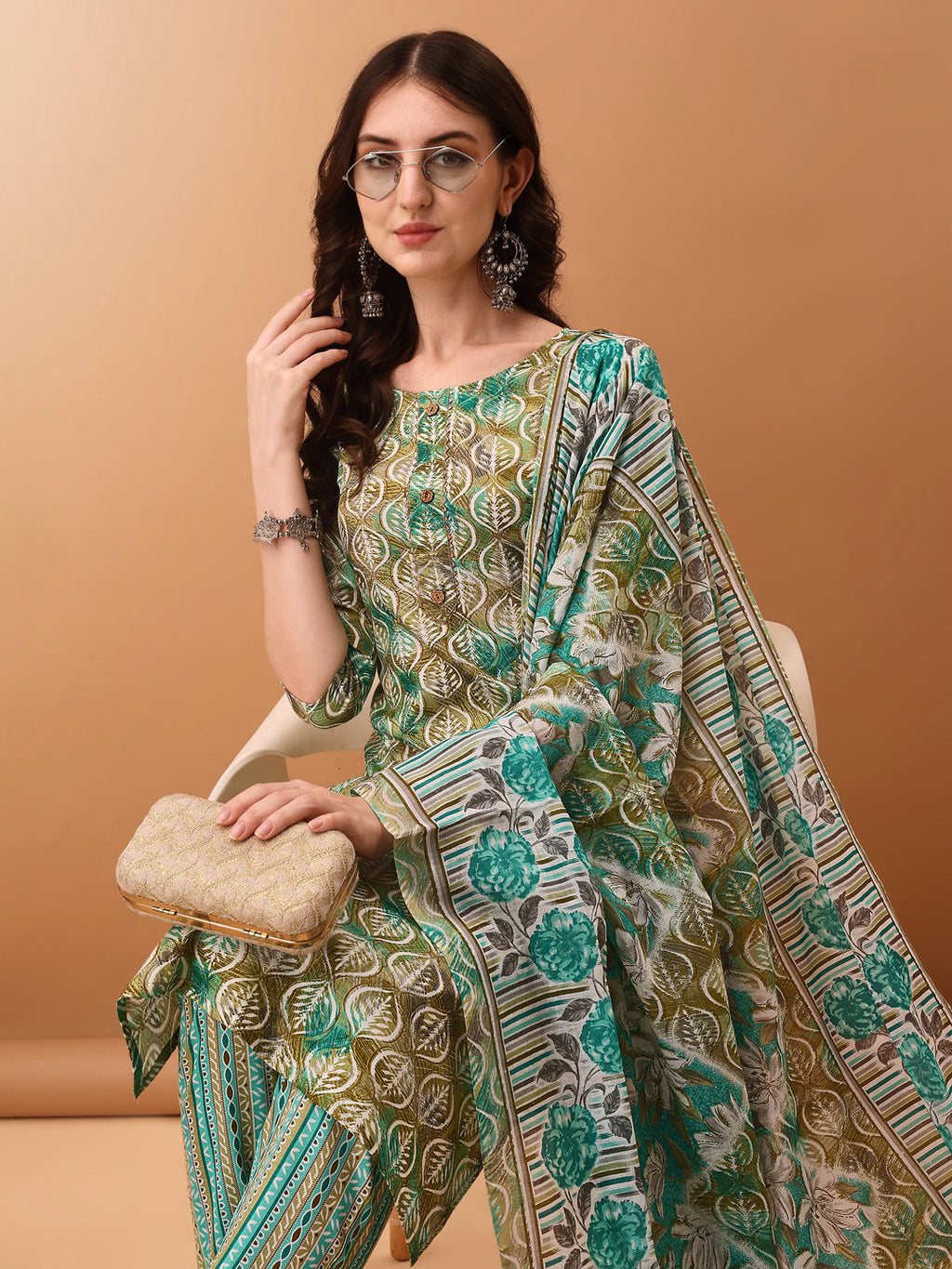 Floral Printed Kurta With Pant & Dupatta, Green - Hiral Fashion - Distacart