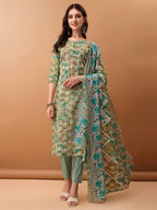 Floral Printed Kurta With Pant & Dupatta, Green - Hiral Fashion - Distacart