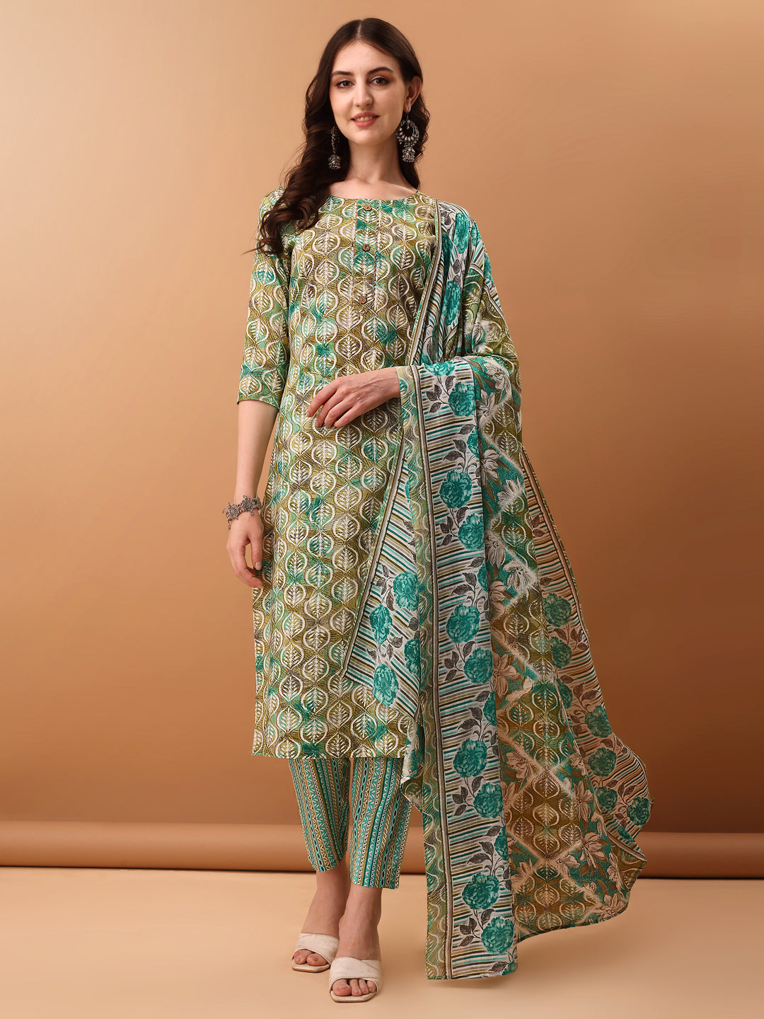 Floral Printed Kurta With Pant & Dupatta, Green - Hiral Fashion - Distacart