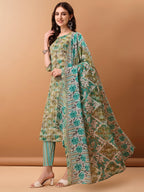 Floral Printed Kurta With Pant & Dupatta, Green - Hiral Fashion - Distacart