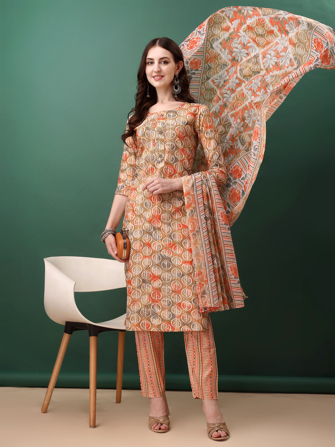 Floral Printed Kurta With Pant & Dupatta, Orange - Hiral Fashion - Distacart