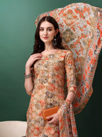 Floral Printed Kurta With Pant & Dupatta, Orange - Hiral Fashion - Distacart