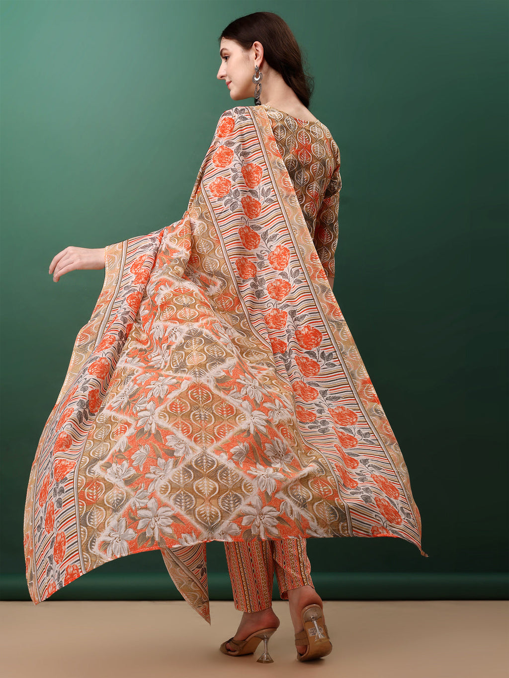 Floral Printed Kurta With Pant & Dupatta, Orange - Hiral Fashion - Distacart