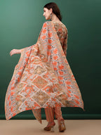 Floral Printed Kurta With Pant & Dupatta, Orange - Hiral Fashion - Distacart