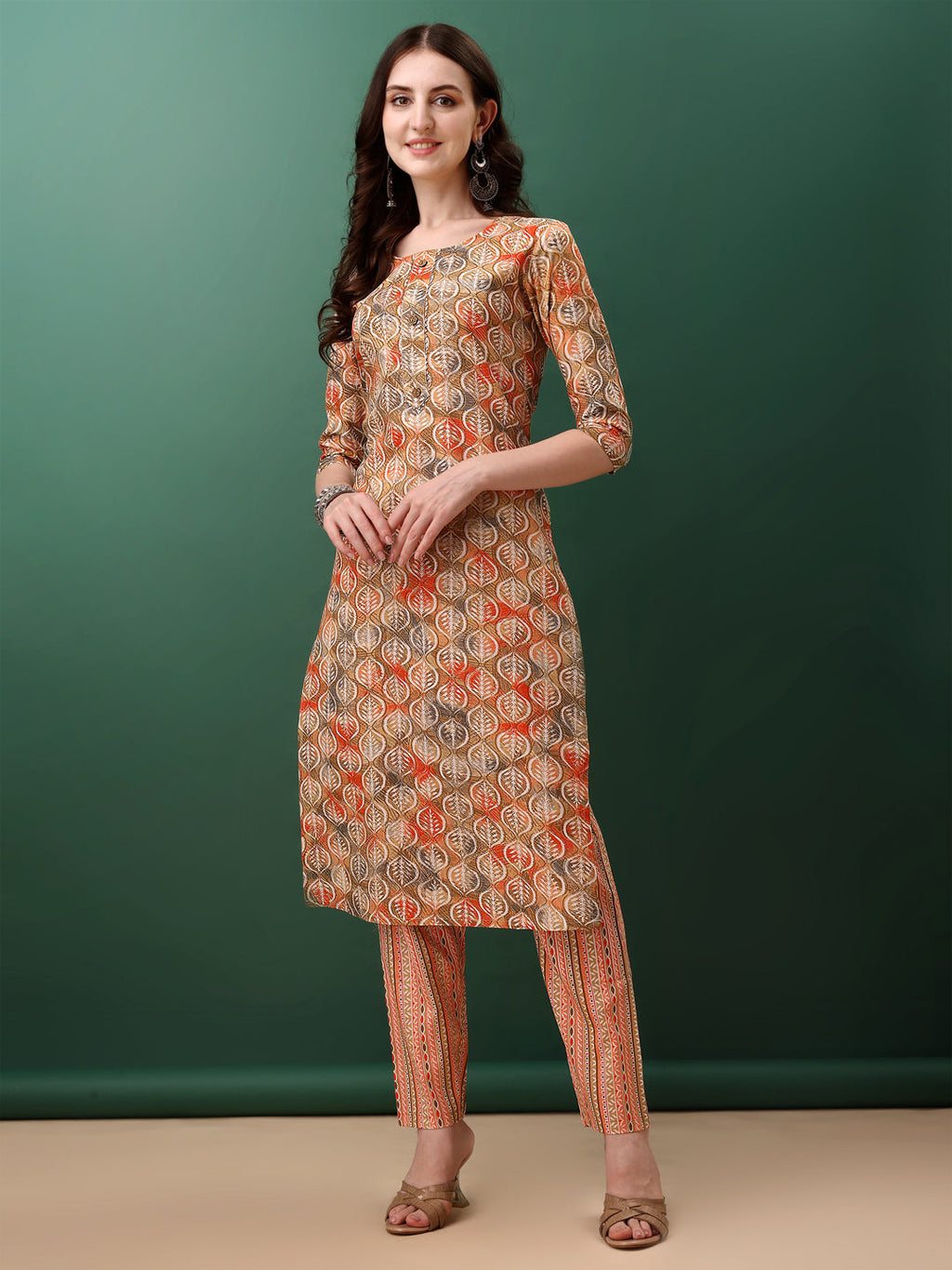 Floral Printed Kurta With Pant & Dupatta, Orange - Hiral Fashion - Distacart