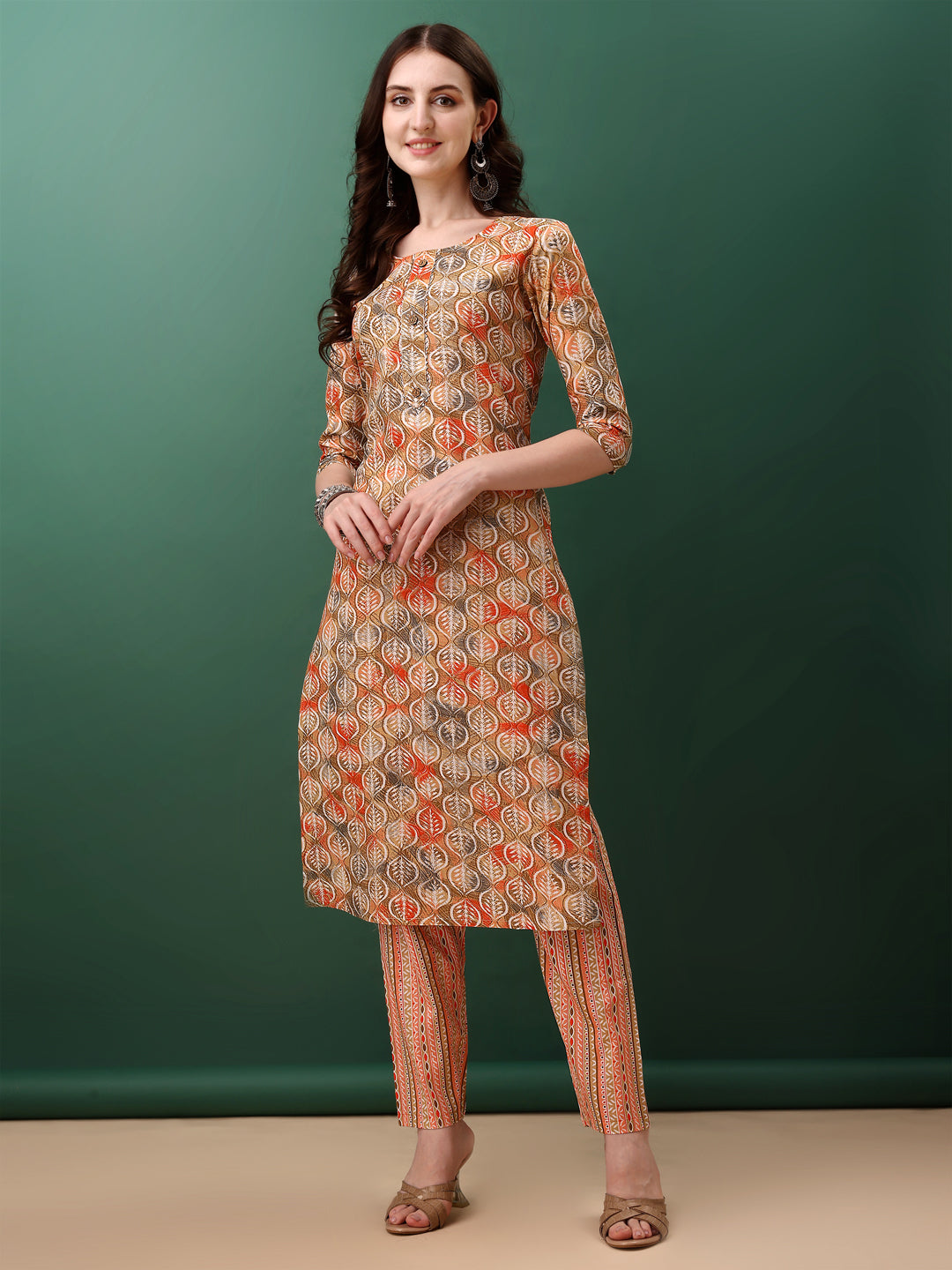 Floral Printed Kurta With Pant & Dupatta, Orange - Hiral Fashion - Distacart