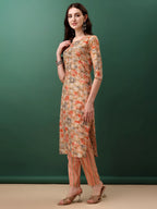Floral Printed Kurta With Pant & Dupatta, Orange - Hiral Fashion - Distacart