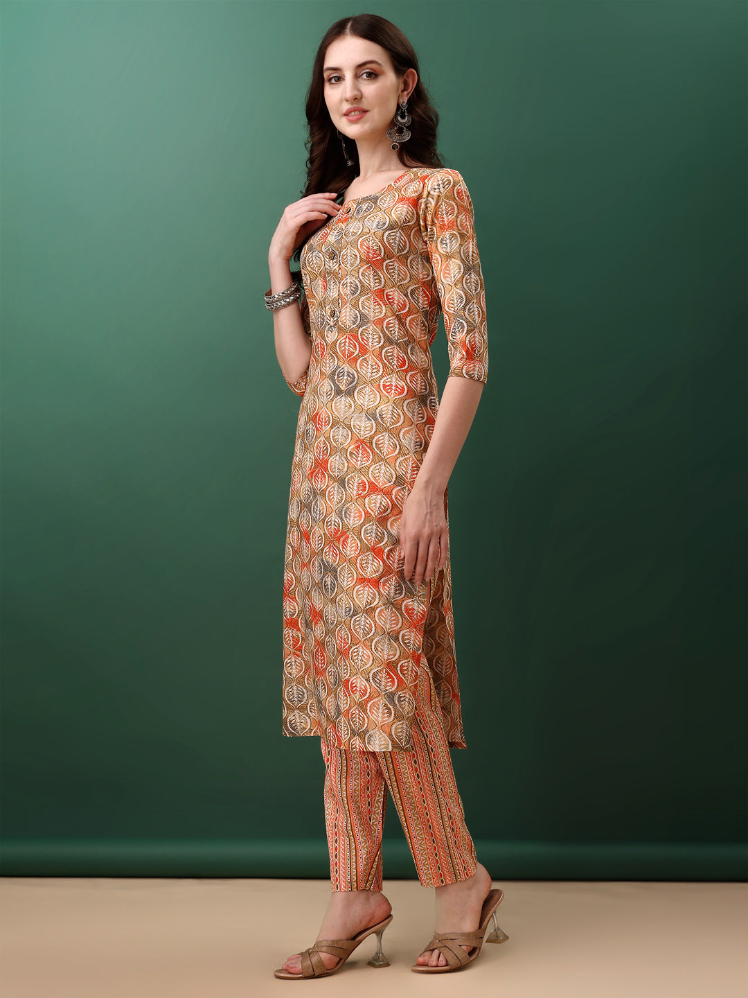 Floral Printed Kurta With Pant & Dupatta, Orange - Hiral Fashion - Distacart