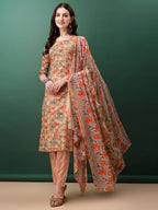 Floral Printed Kurta With Pant & Dupatta, Orange - Hiral Fashion - Distacart