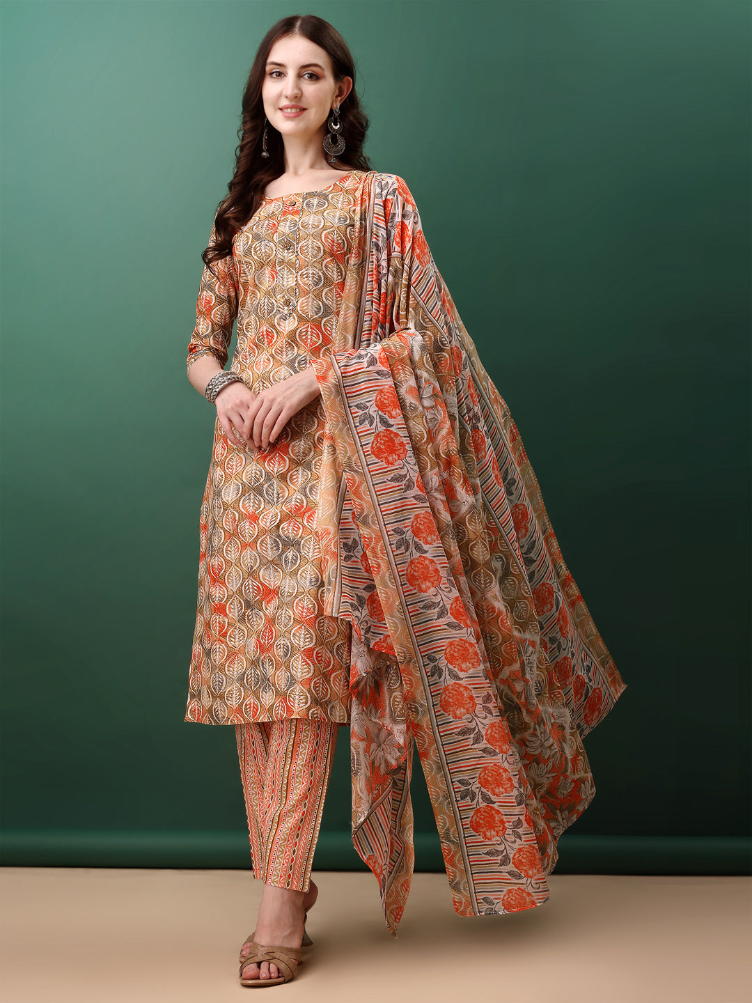 Floral Printed Kurta With Pant & Dupatta, Orange - Hiral Fashion - Distacart