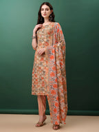 Floral Printed Kurta With Pant & Dupatta, Orange - Hiral Fashion - Distacart