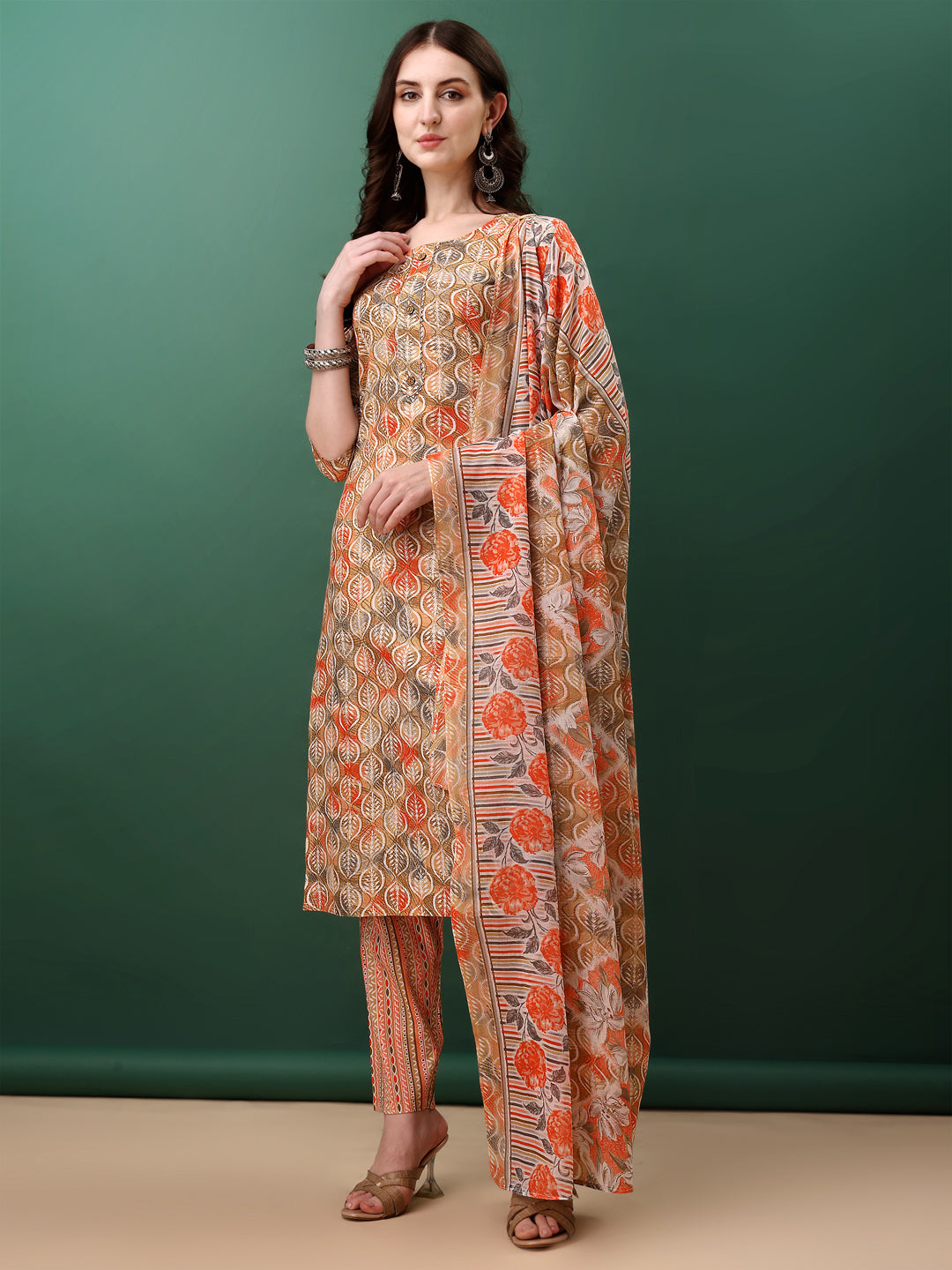 Floral Printed Kurta With Pant & Dupatta, Orange - Hiral Fashion - Distacart