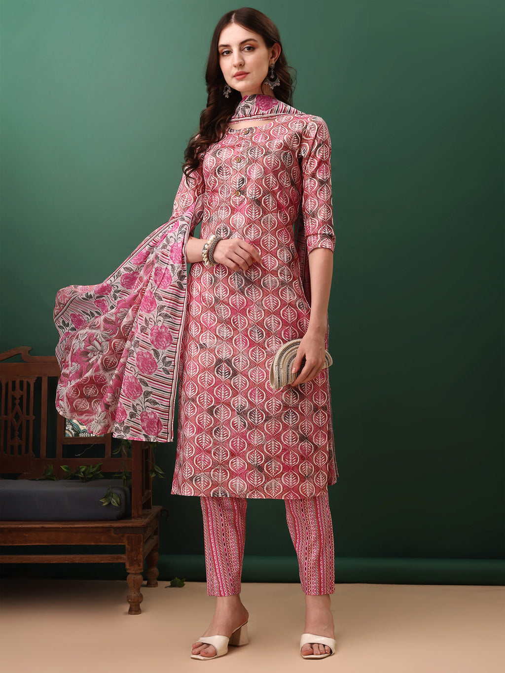 Floral Printed Kurta With Pant & Dupatta, Pink - Hiral Fashion - Distacart
