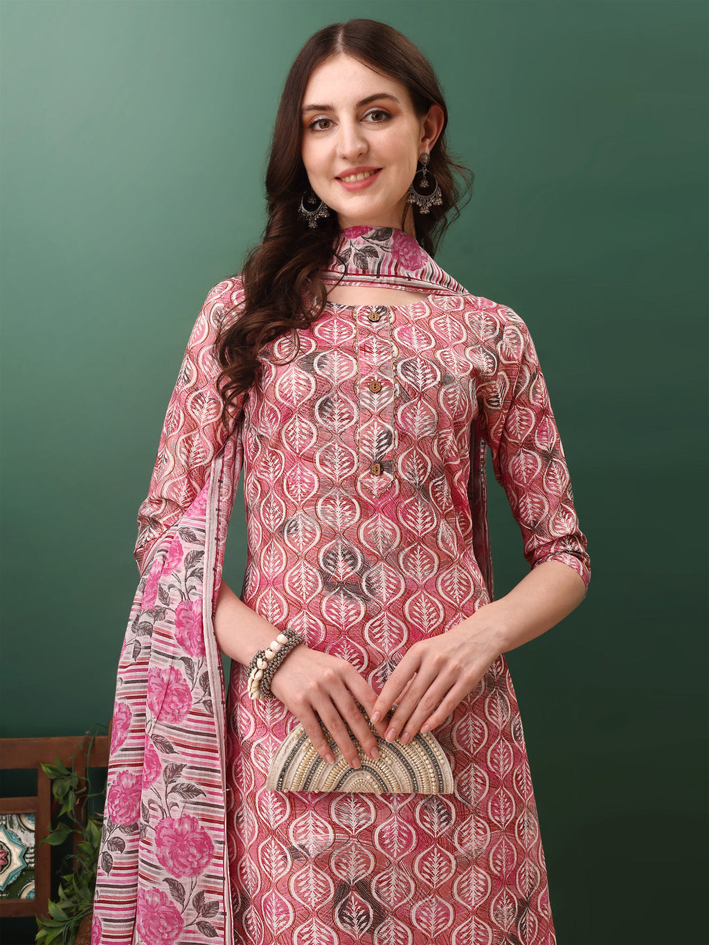 Floral Printed Kurta With Pant & Dupatta, Pink - Hiral Fashion - Distacart