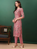 Floral Printed Kurta With Pant & Dupatta, Pink - Hiral Fashion - Distacart