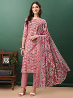 Floral Printed Kurta With Pant & Dupatta, Pink - Hiral Fashion - Distacart