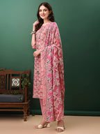 Floral Printed Kurta With Pant & Dupatta, Pink - Hiral Fashion - Distacart