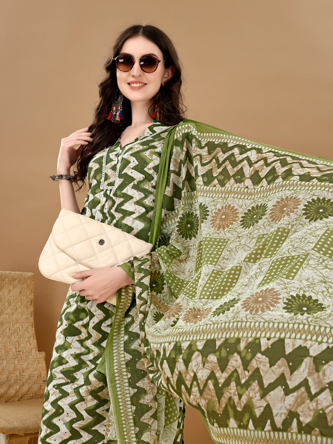 Chevron Printed Kurta With Palazzo Pant & Dupatta, Green - Hiral Fashion - Distacart