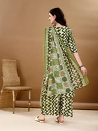 Chevron Printed Kurta With Palazzo Pant & Dupatta, Green - Hiral Fashion - Distacart