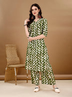 Chevron Printed Kurta With Palazzo Pant & Dupatta, Green - Hiral Fashion - Distacart