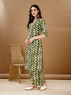 Chevron Printed Kurta With Palazzo Pant & Dupatta, Green - Hiral Fashion - Distacart