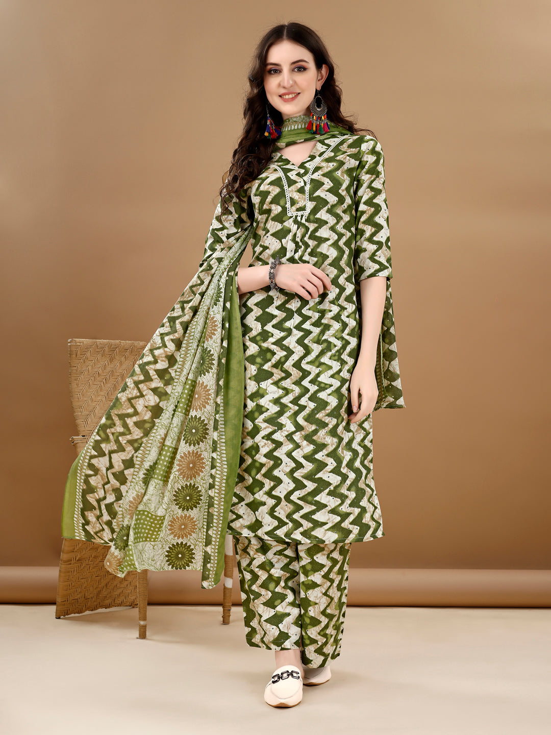 Chevron Printed Kurta With Palazzo Pant & Dupatta, Green - Hiral Fashion - Distacart