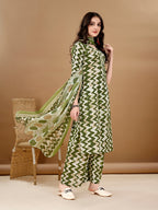 Chevron Printed Kurta With Palazzo Pant & Dupatta, Green - Hiral Fashion - Distacart