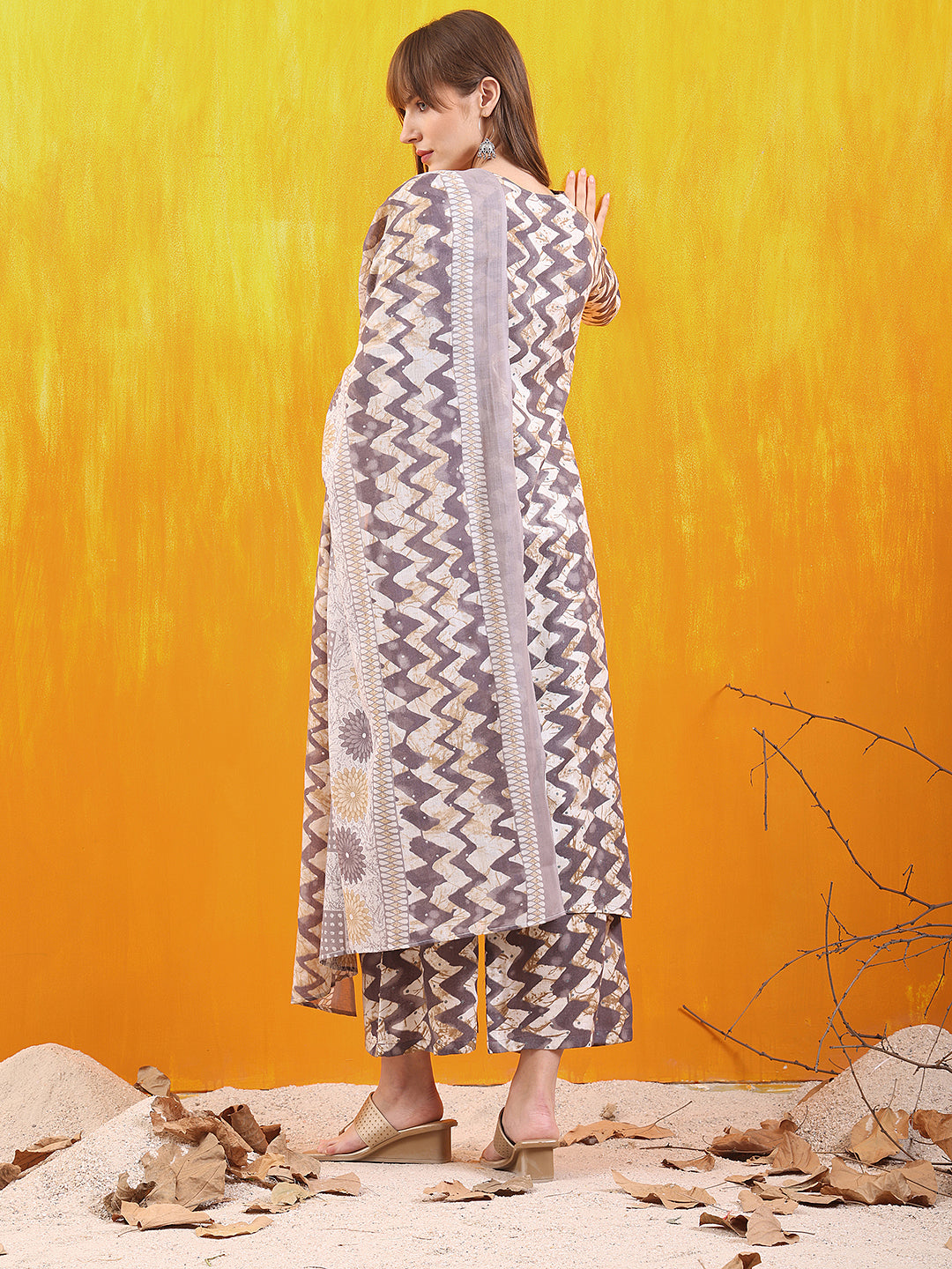 Chevron Printed Kurta With Palazzo Pant & Dupatta, Grey - Hiral Fashion - Distacart