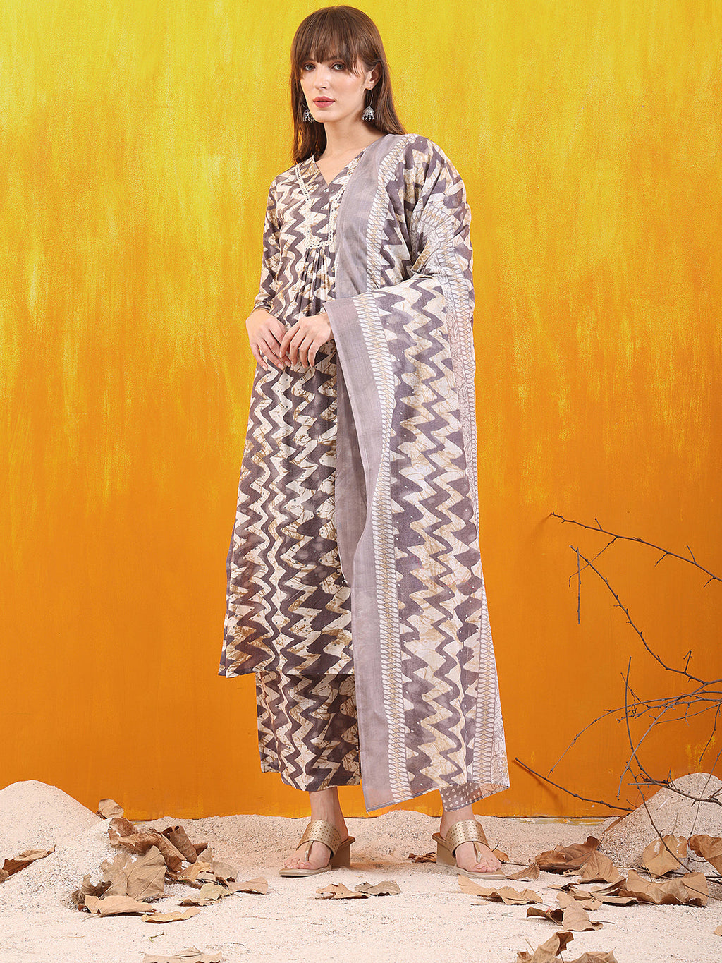 Chevron Printed Kurta With Palazzo Pant & Dupatta, Grey - Hiral Fashion - Distacart