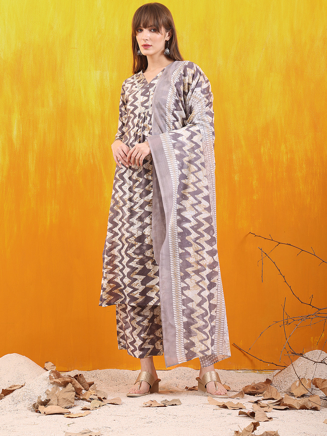 Chevron Printed Kurta With Palazzo Pant & Dupatta, Grey - Hiral Fashion - Distacart