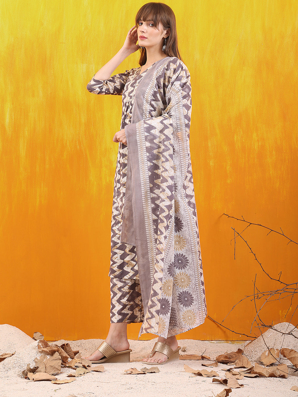 Chevron Printed Kurta With Palazzo Pant & Dupatta, Grey - Hiral Fashion - Distacart