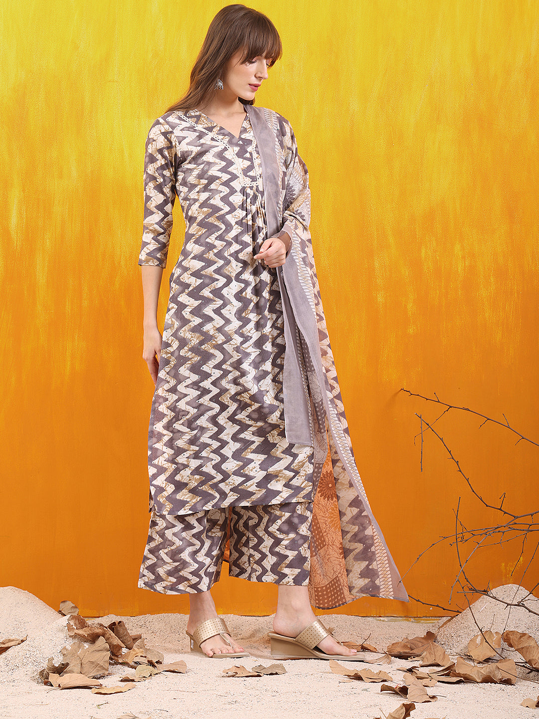 Chevron Printed Kurta With Palazzo Pant & Dupatta, Grey - Hiral Fashion - Distacart