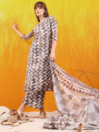 Chevron Printed Kurta With Palazzo Pant & Dupatta, Grey - Hiral Fashion - Distacart