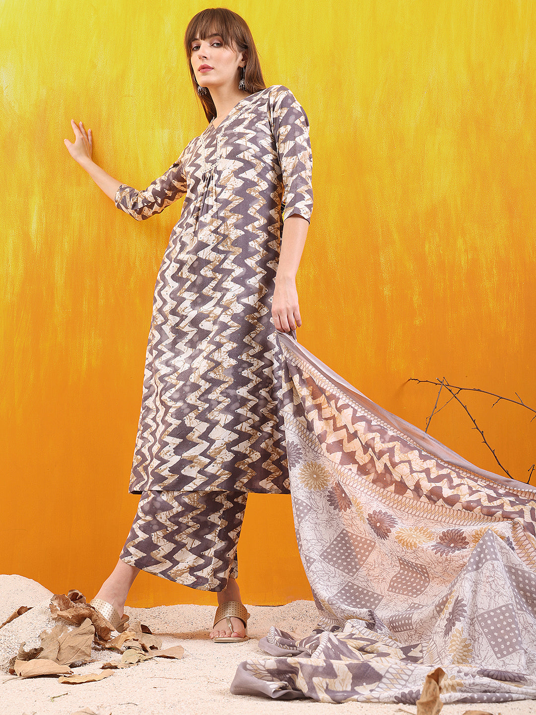 Chevron Printed Kurta With Palazzo Pant & Dupatta, Grey - Hiral Fashion - Distacart