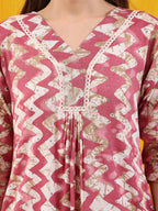 Chevron Printed Kurta With Palazzo Pant & Dupatta, Pink - Hiral Fashion - Distacart