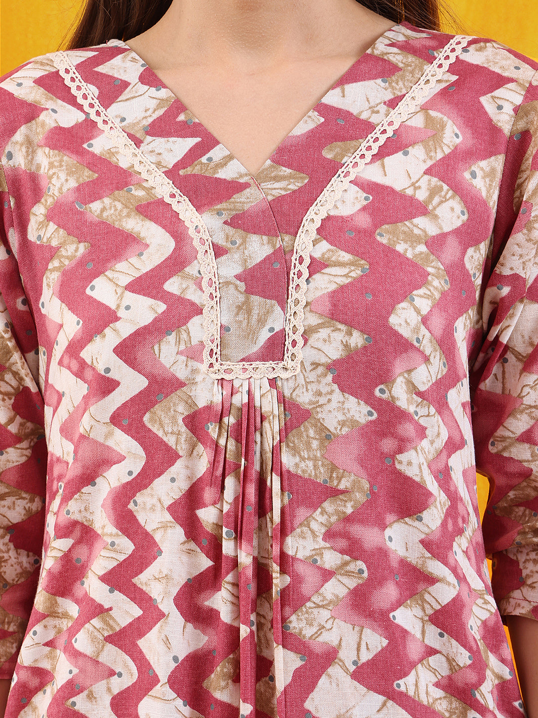 Chevron Printed Kurta With Palazzo Pant & Dupatta, Pink - Hiral Fashion - Distacart