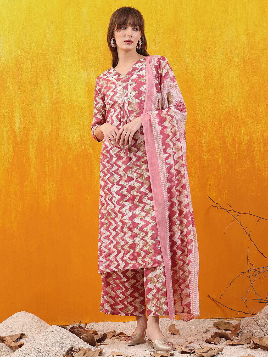 Chevron Printed Kurta With Palazzo Pant & Dupatta, Pink - Hiral Fashion - Distacart