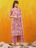 Chevron Printed Kurta With Palazzo Pant & Dupatta, Pink - Hiral Fashion - Distacart