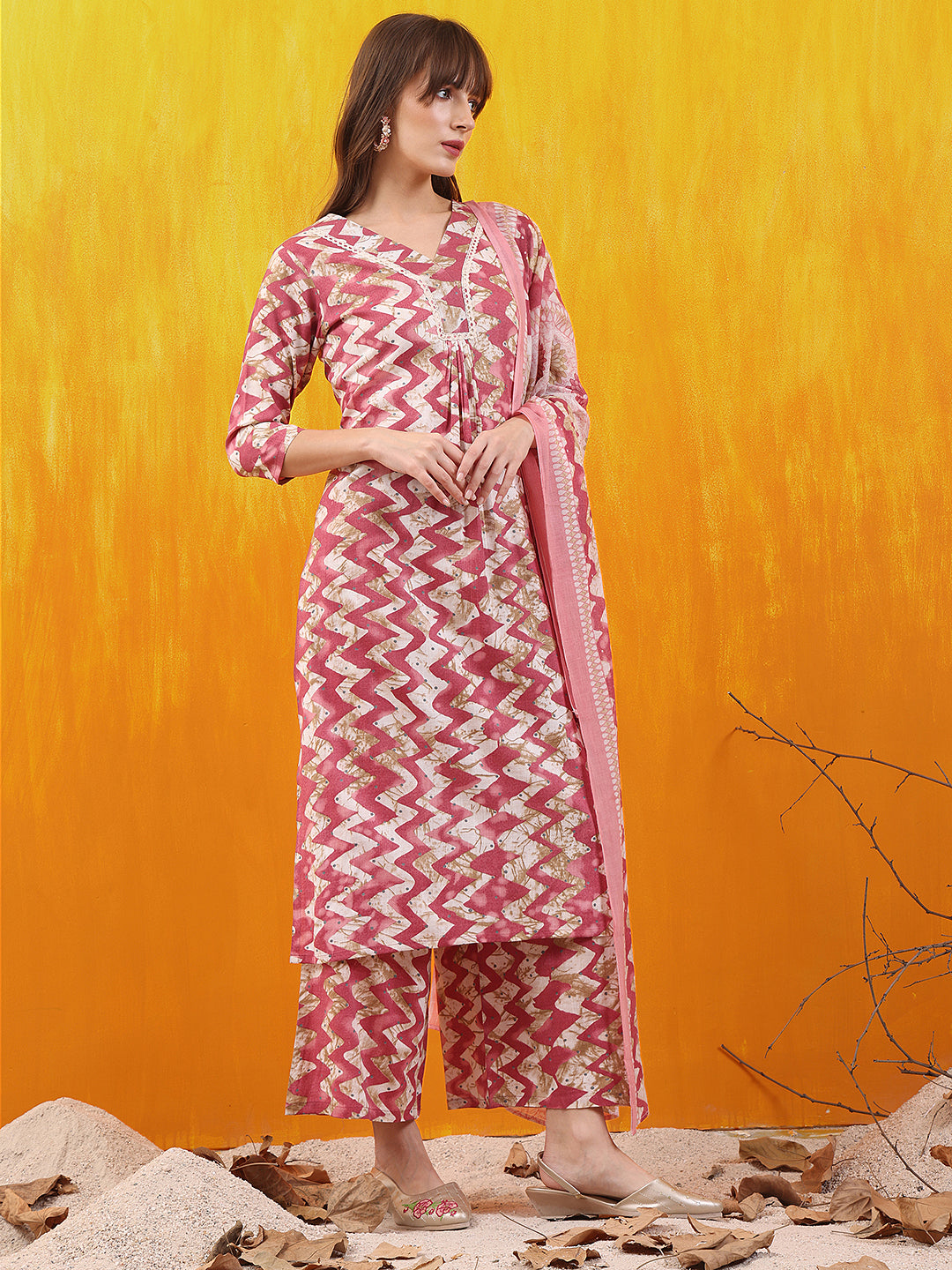 Chevron Printed Kurta With Palazzo Pant & Dupatta, Pink - Hiral Fashion - Distacart