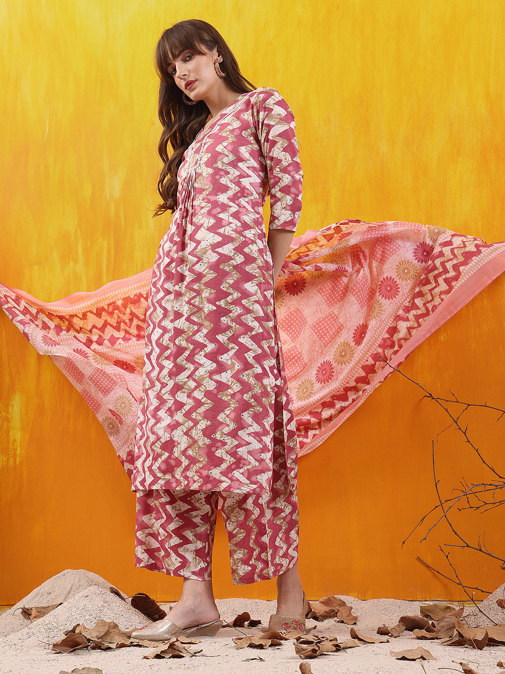 Chevron Printed Kurta With Palazzo Pant & Dupatta, Pink - Hiral Fashion - Distacart