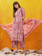 Chevron Printed Kurta With Palazzo Pant & Dupatta, Pink - Hiral Fashion - Distacart