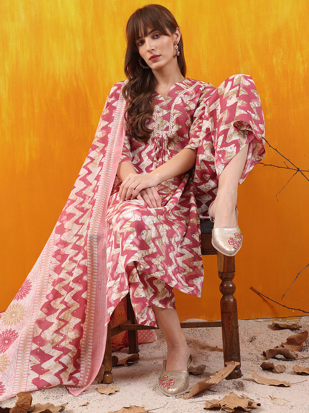 Chevron Printed Kurta With Palazzo Pant & Dupatta, Pink - Hiral Fashion - Distacart