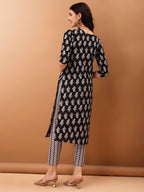 Floral Printed Kurta With Pant & Dupatta, Black - Hiral Fashion