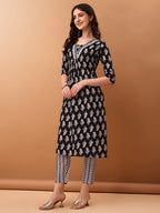 Floral Printed Kurta With Pant & Dupatta, Black - Hiral Fashion