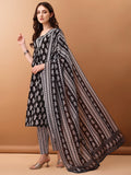Floral Printed Kurta With Pant & Dupatta, Black - Hiral Fashion