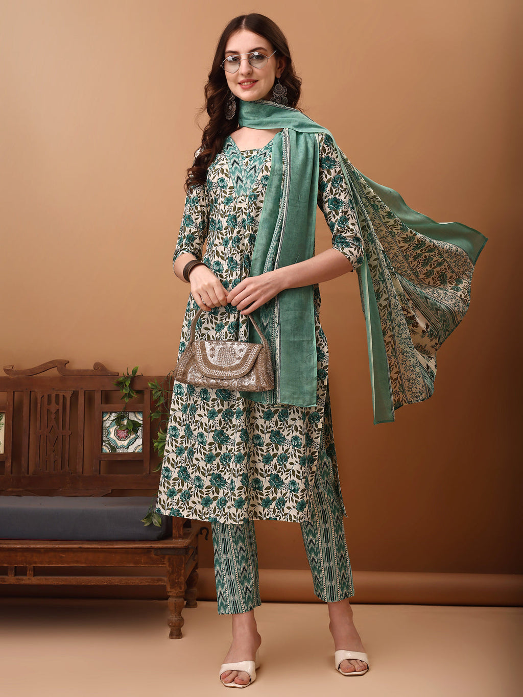 Floral Printed Kurta With Pant & Dupatta, Blue - Hiral Fashion - Distacart