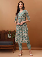 Floral Printed Kurta With Pant & Dupatta, Blue - Hiral Fashion - Distacart