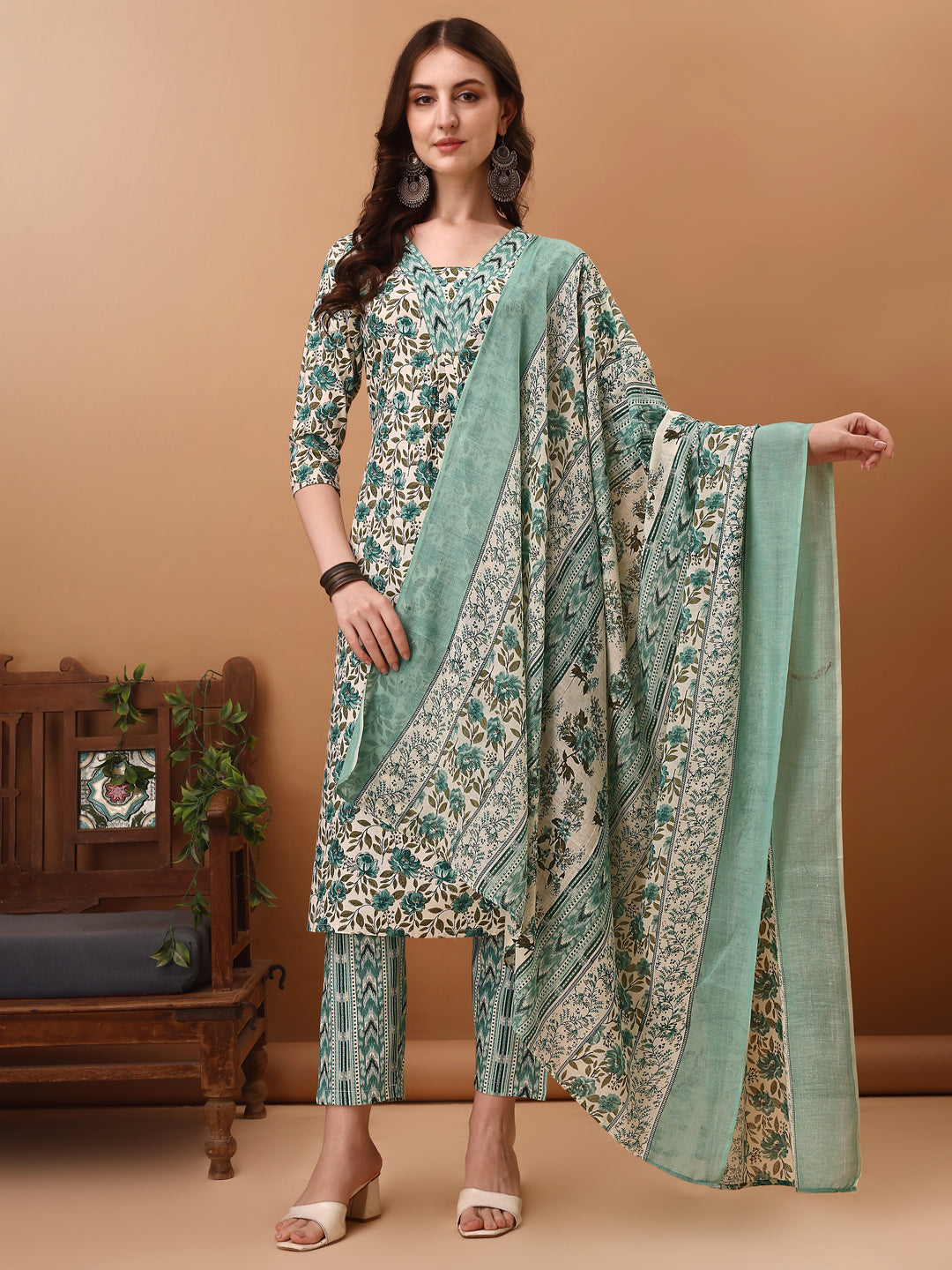 Floral Printed Kurta With Pant & Dupatta, Blue - Hiral Fashion - Distacart