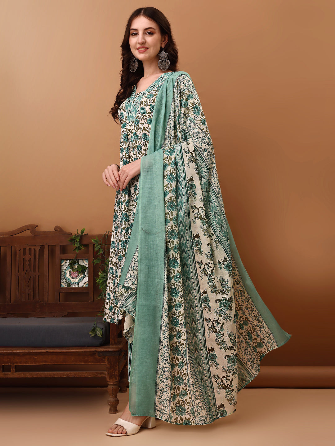 Floral Printed Kurta With Pant & Dupatta, Blue - Hiral Fashion - Distacart