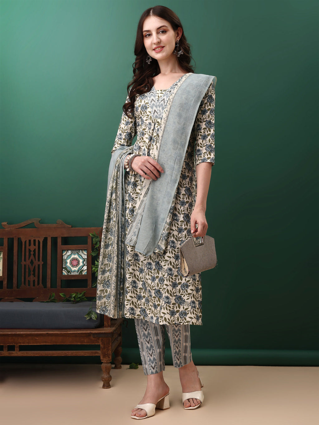 Floral Printed Kurta With Pant & Dupatta, Navy Blue - Hiral Fashion - Distacart